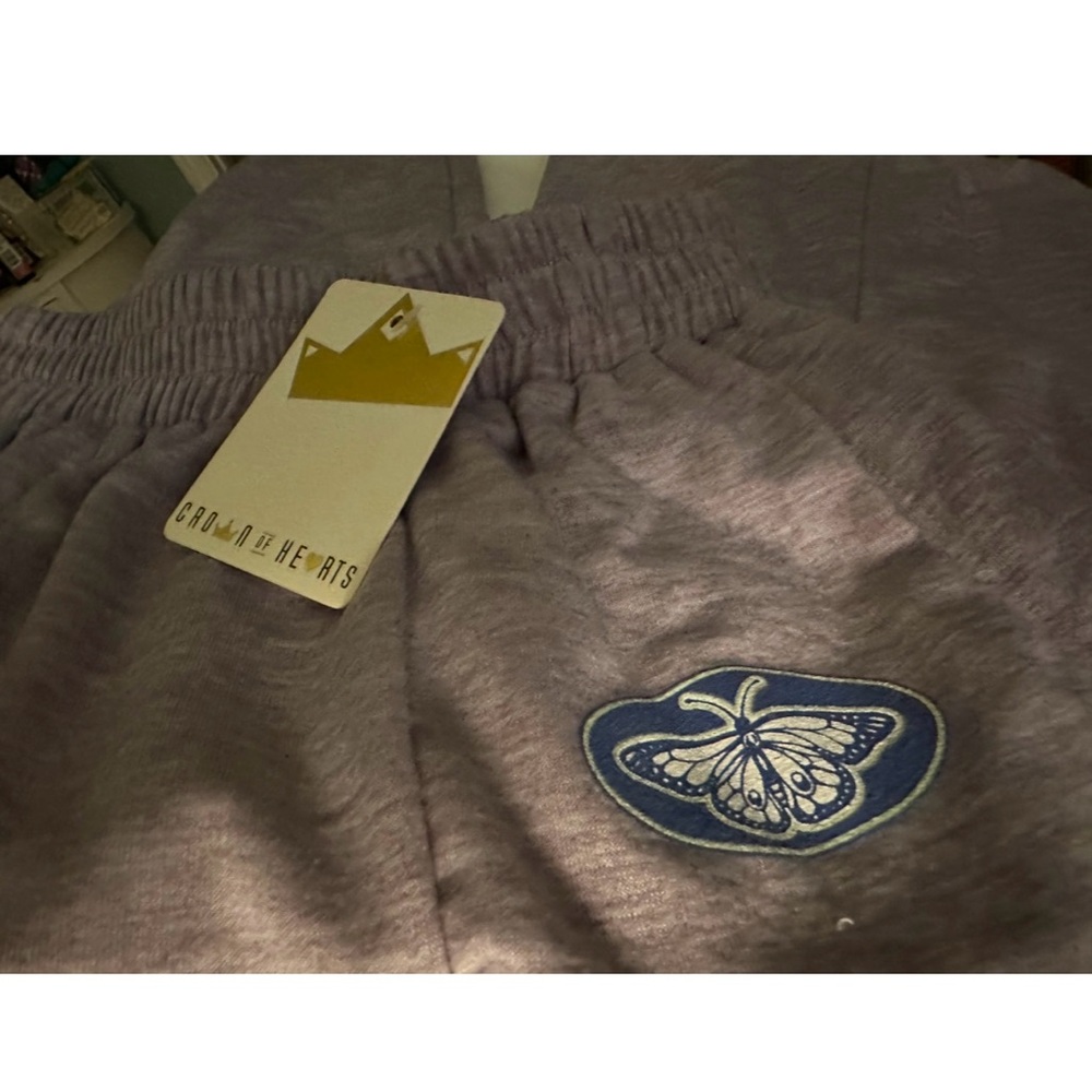 Crown Hearts Gray Kids Jogger Pants with butterfly detail.